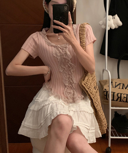 レースフリルニットトップスショート丈夏服 サマーニットレディース ラッフルレースニットソー 甘めコーデ お洒落 コンパクト タイトニット 半袖ニットTシャツ韓国風 6SENZHU-001